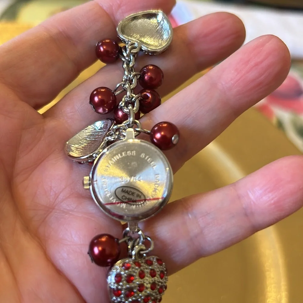 Quartz Watch Bracelet with Red Beads & Hearts on Silver Chain; Watch not working